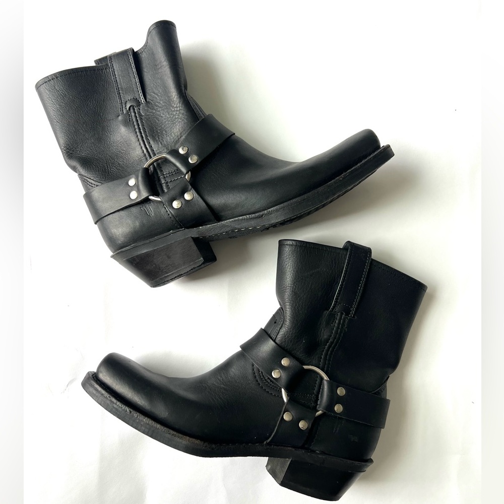 Frye Black Leather Harness Ankle Boots